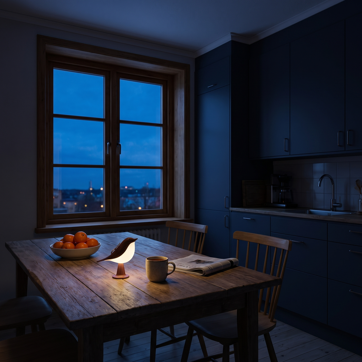 Five o'clock in November: the kitchen at dusk, Cora glowing on the kitchen table next to a mug of tea
