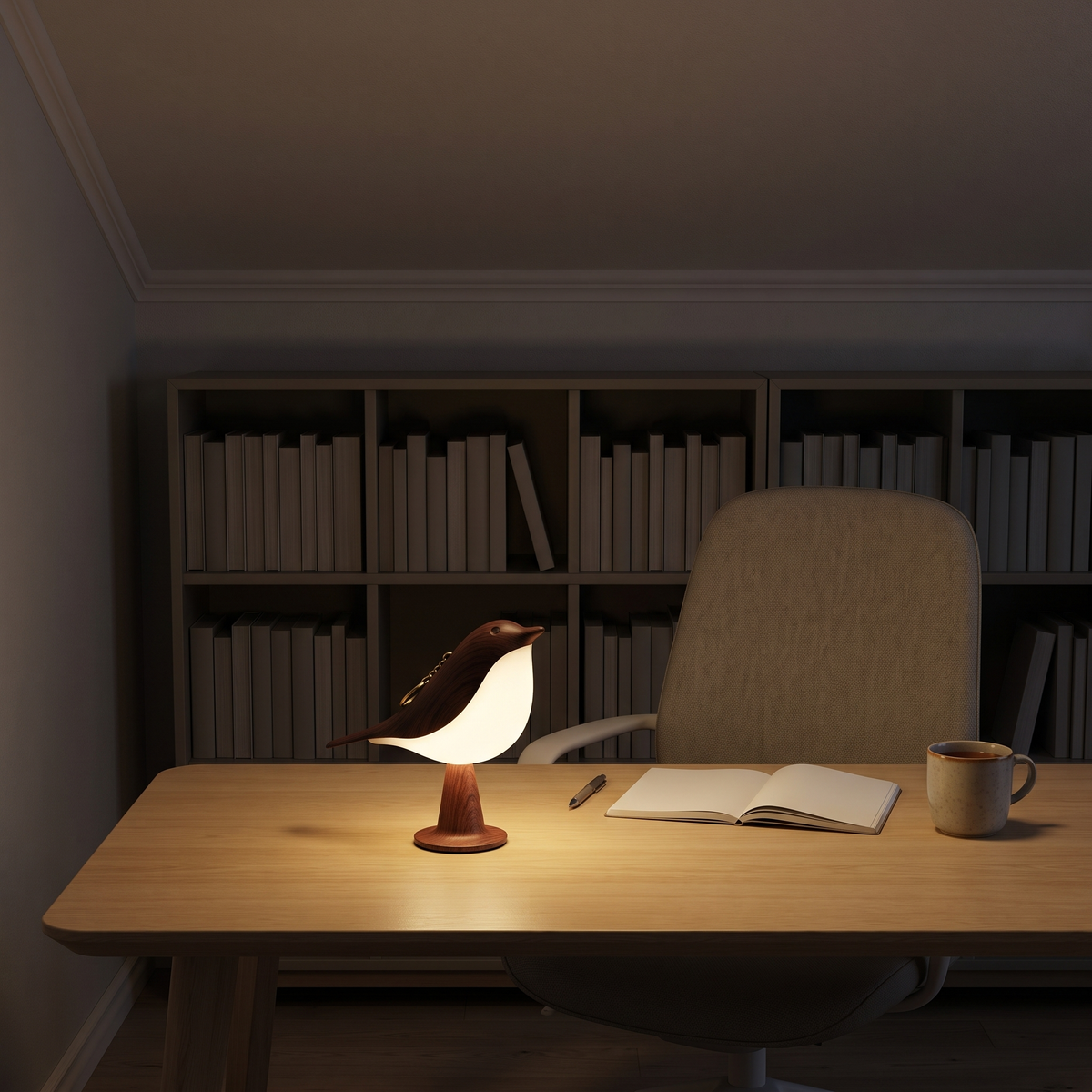 Cora in dark wood on the desk beside a notebook and mug