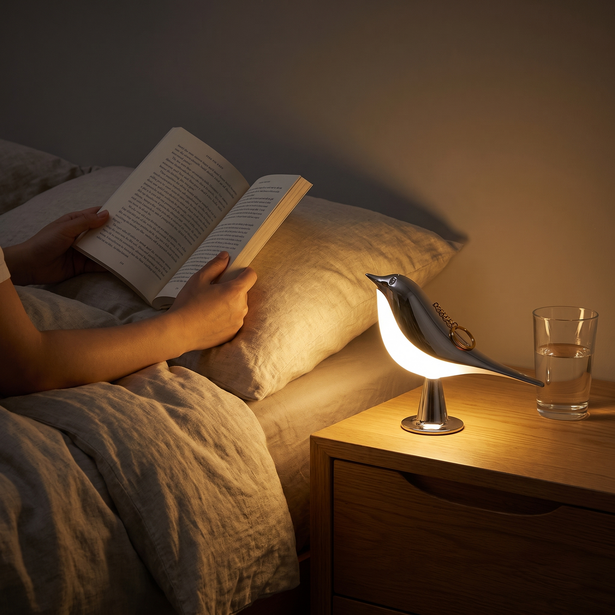 Reading in bed with Cora in silver as a reading lamp on the bedside table