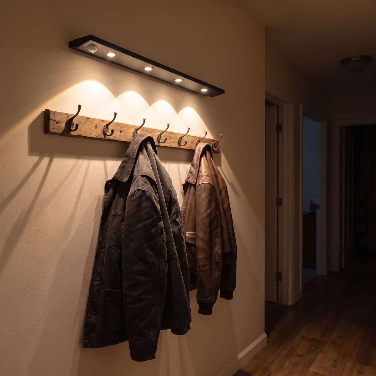 Lyra in black switched on above the row of coat hooks in the hallway, a warm glow falling over the jackets