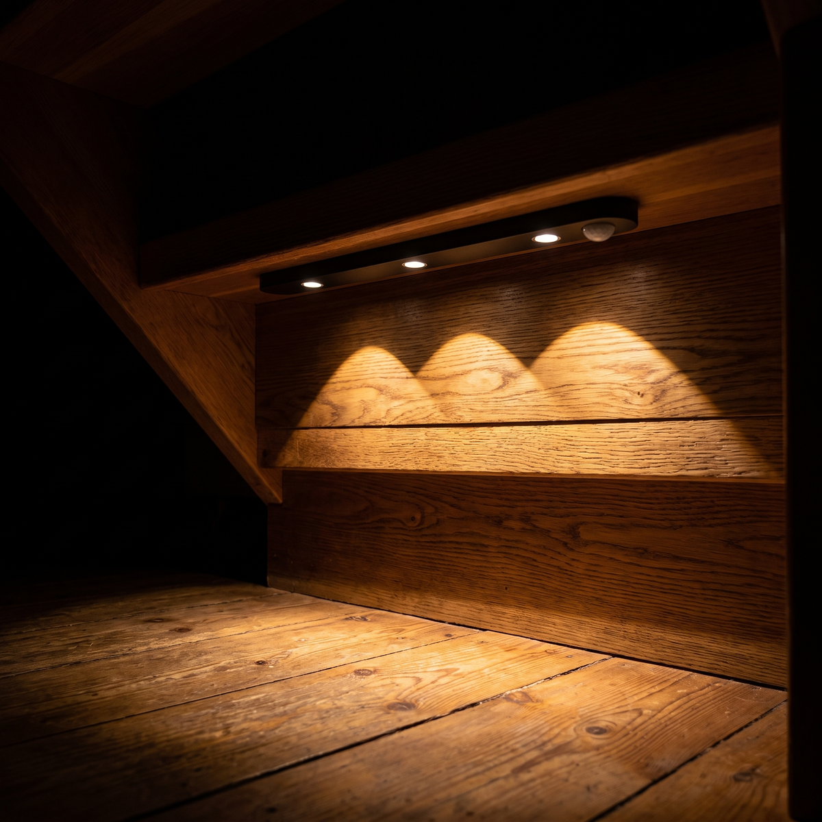 Lyra in black fitted under a stair tread, warm light shining down towards the floor