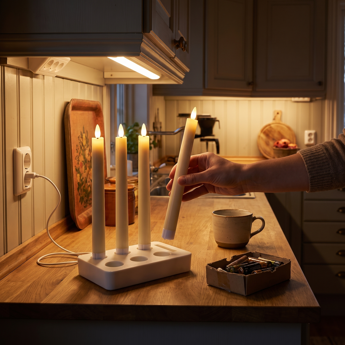 A hand putting a Vela taper candle back in the charging base on the kitchen worktop, next to a box of old batteries