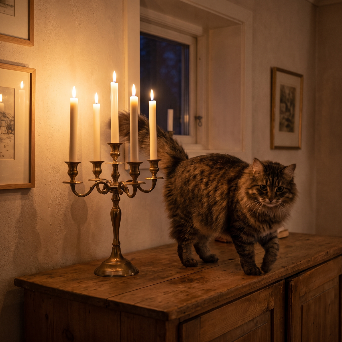 A cat walking past a lit candelabra with Vela taper candles on a sideboard on a December evening